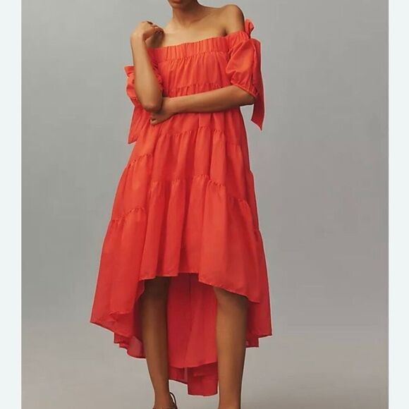 Anthropologie Dresses & Skirts - Anthropologie Orange Off Shoulder Tiered High Low Midi Dress NWT Size XXS/XS